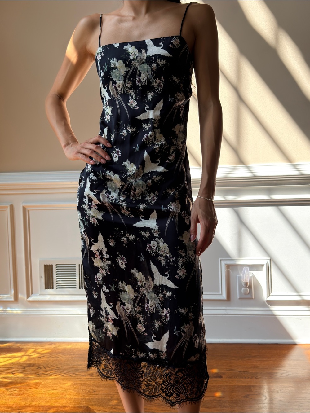 Miss Selfridge Black Floral and Dove Midi Slip Dress